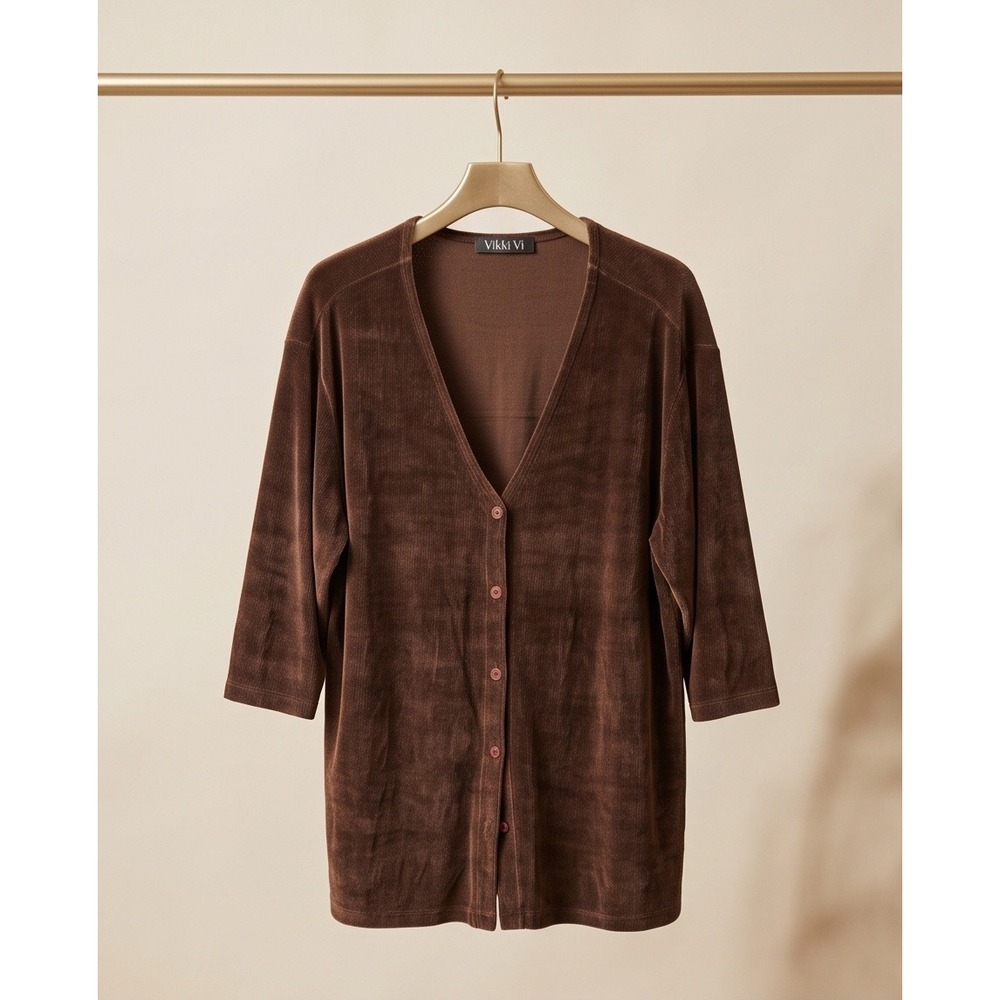Vikki Vi 0X Brown Slinky Ribbed Knit Button Front Cardigan Top VL9939 USA